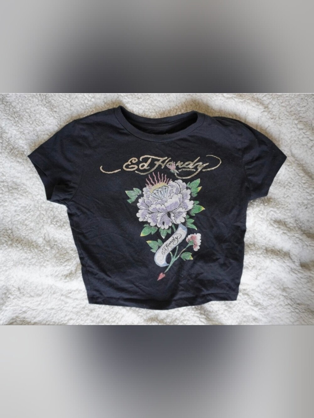 Y2K Ed Hardy Women's Black Graphic Crop Top Baby Tee Purple Peony Flower